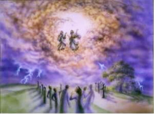 En esta pintura, los Dos Testigos se representan artísticamente en una nube celestial de la que salen relámpagos, mientras seres humanos en silueta miran hacia arriba, ilustración para el tema Los Dos Testigos profetizan vestidos de cilicio durante mil doscientos sesenta días.