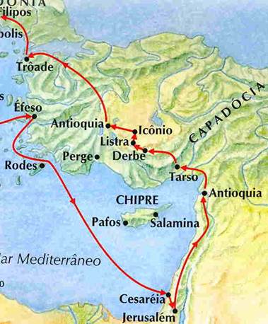 Mapa que muestra el Segundo viaje evangelístico del apóstol Pablo, acompañado por Timoteo, a quien adiestraba para ser evangelista eficaz.
