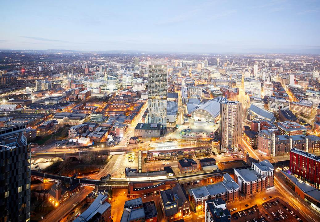 Una fotografía aérea de la ciudad de Manchester, Inglaterra, ciudad en vías de ser dominada por el ateísmo.