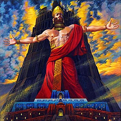 Una pintura de una estatua enorme de Nimrod con corona y cintura de oro y toga carmesí, con edificios de Babilonia a sus pies y la Torres de Babél detrás de él, contra un trasfondo de azules y nubes en tonos de anaranjado.