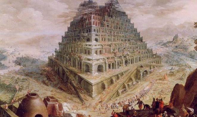 Una representación artística de la Torre de Babel, construida como una pirámide o ziguret escalonado, en tonos de pardo claro, contra cielos de nubes rosadas y frente a la enorme estructura muchísimos obreros y jarrones de gran tamaño, para el ensayo sobre la Torre de Babel.
