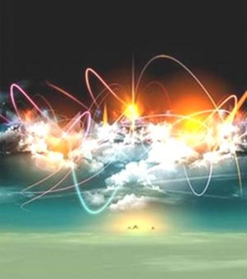 Imagen de un cuadro abstracto con una línea de nubes en el centro saliendo de ellas y alrededor de ellas arcos delgados de luz blanca, todo contra un trasfondo de tonos de verde abajo y rojos y negro arriba.