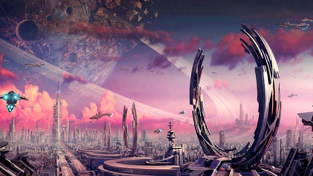 Una visualización de una ciudad futurista con rascacielos  en la forma de doble cuernos y naves espaciales en el espacio arriba de la ciuidad, ilustración del concepto de una utopia material para el futuro de la humanidad.
