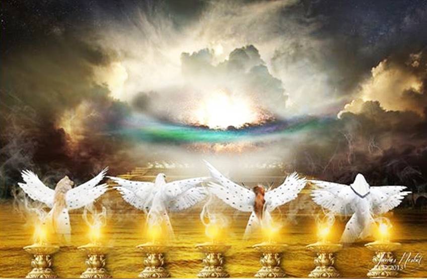 Una imagen artística de los Cuatro Seres Vivientes sobre el Mar de Cristal en el Cielo, cada uno con grandes alas blancas, proyectando cada uno atributos distintos como de león, becerro, hombre y águila volando. 