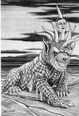 Una pintura en blanco y negro de una bestia que sale de la mar y que tiene en su cabeza diez cuernos en medio de los cuales sobresale un cuerno con cara humana que representa el cuerno pequeño de Daniel 7.