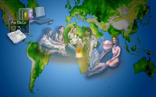 A flat map of the world with a group of poeple superimposed who represent the concepto of a global market and culture.