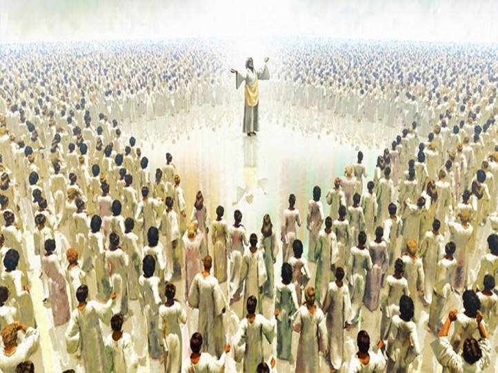 Una representación artística de una gran multitud de seres humanos vestidos de ropas blancas sobre el Mar de Cristal en el Cielo, con una imagen de Jesucristo en el medio.