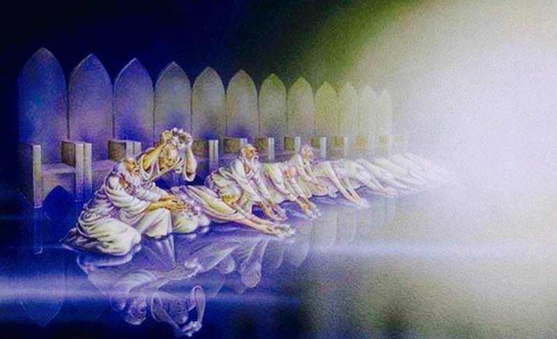 Un cuadro artístico de los veinticuatro ancianos en el Cielo arrodillados sobre el Mar de Cristal, y, detrás de ellos los veinticuatro tronos que les pertenecen.