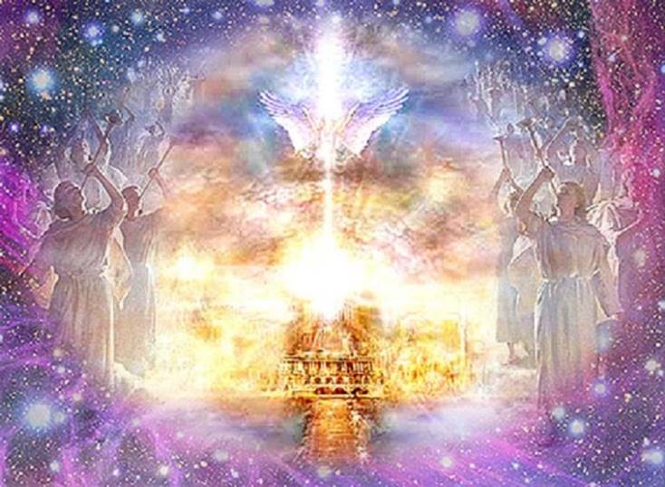 Una pintura artística del trono de Dios en el cielo en tonalidades de oro y púrpura clara, simbolizando al Dios Creador un luz blanca poderosísima, y en cada lado de cuadro ángeles con trompetas, todo contra un trasfondo celestial en tonalidades de azul y púrpura, con estrellas.