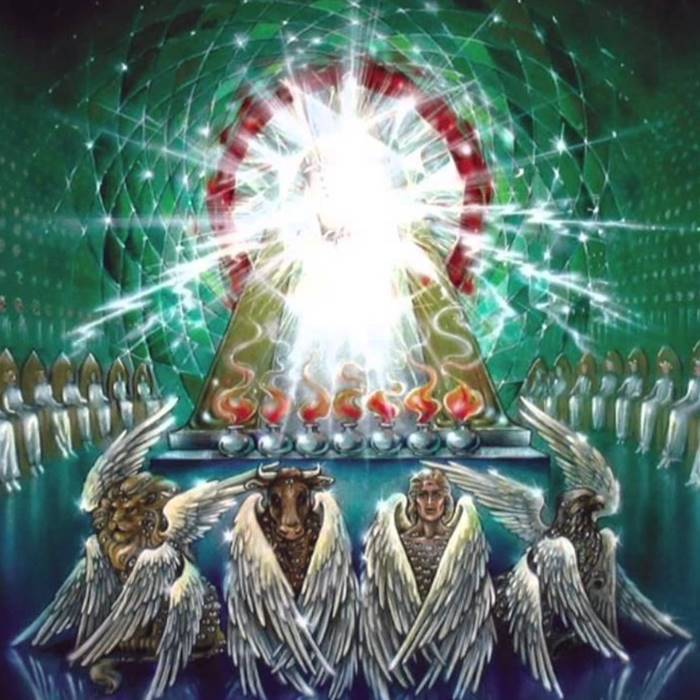 Una visualización artística de los veinticuatro ancianos y los cuatro seres vivientes ante el Trono de Dios sobre el Mar de Cristal.