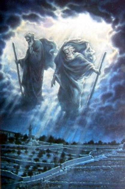 Imagen de dos figuras humanas en un escenario celestial encima de la tierra simbolizan a los Dos Testigos de Apocalipsis.