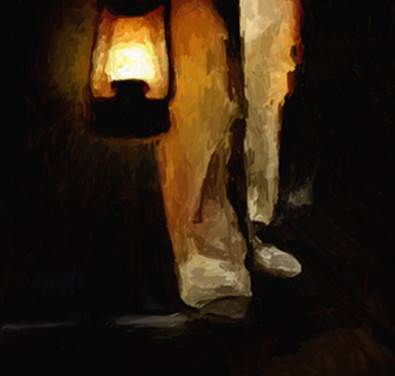 Esta pintura de una linterna a nivel de las piernas y los pies de un varón que va caminando ilustra como la luz de los Dos Testigos de Apocalipsis, simbolizados por dos candeleros, alumbra caminos espirituales.