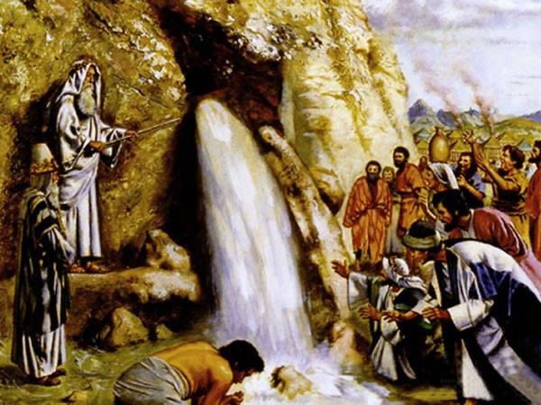 En esta pintura, Moisés golpea la peña dos veces en lugar de hablarle, desobedeciendo a Dios, y fue castigado por su incredulidad.
