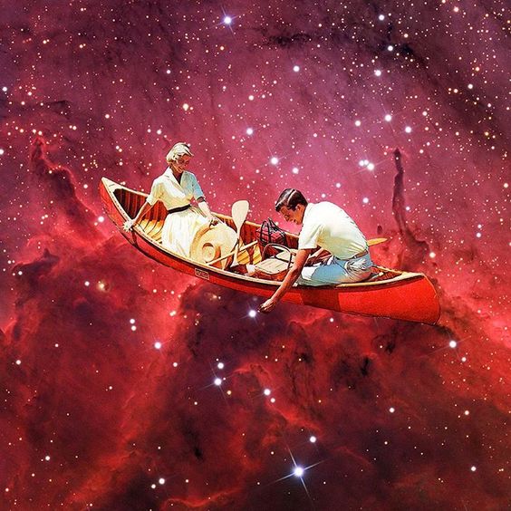 This brillant abstract of a young couple in a canoe floating across space against a starry backgrounds of reds and darker colors illustrates the subject Can you tell me what love is, in editoriallapaz.org