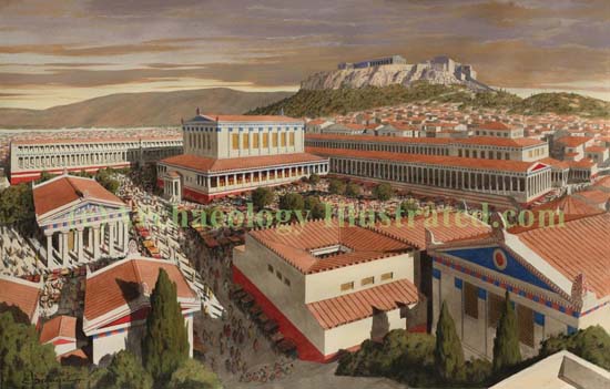 Una pintura realista de la ciudad de Corinto como el  pintor la visualiza en el siglo I, illustración para Comentarios bíblicos: 1 Corintios, en editoriallapaz.