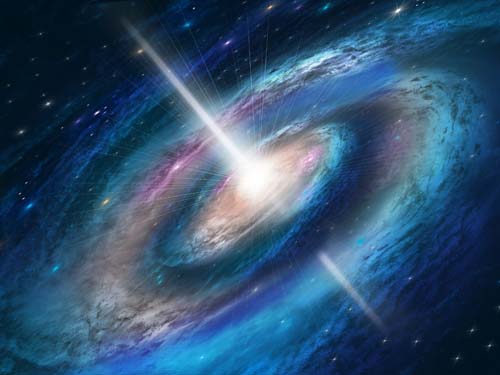 Esta gráfica de una galaxia espiral, con una brillante luz blanca en el centro, ilustra el tema La omnipotencia de Dios, en editoriallapaz.