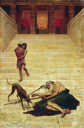 In this painting, the beggar Lazarus lays at the bottom steps leading to the entrance to the rich man’s house, while a dog comes near to lick his sores and a youth comes down the steps with a large amphora, an illustration for the subject: Alarming, Vivid and Unforgettable Impressions Registered by the Mind, a concise message for spiritual orientation.