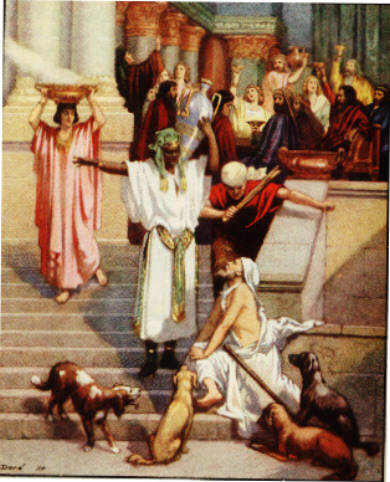 In this painting of the  rich man and the beggar Lazarus, with pride and haughtiness the rich man comes down the steps in front of his house, speaking, with violent gestures, to Lazarus, while guests on an upper level behind them drink, eat and party.