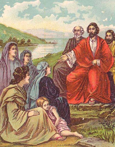 Pablo, Silas y Lucas predican el evangelio a Lidia, vendedora de púrpura, y su familia en Filipos, de Macedonia, bautizándose ellas.