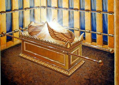 En esta representación gráfica, vemos, dentro del Lugar Santísimo del tabernáculo, el arca del testimonio, con el propiciatorio y dos querubines encima.