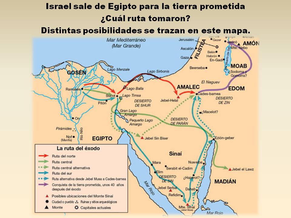 Mapa en el que se trazan posibles rutas que tomaran los israelitas al salir de Egipto y encaminarse hacia la tierra prometida.