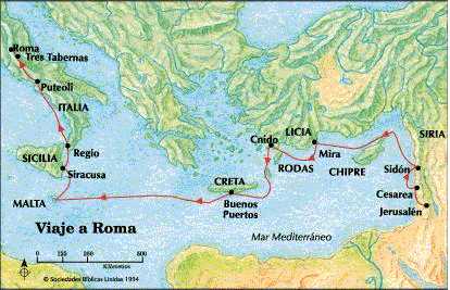 En este mapa, se traza el viaje del apóstol Pablo de Jerusalén a Roma.