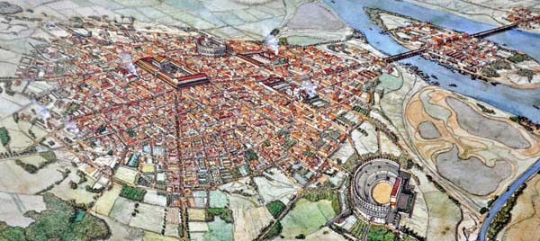 Esta gráfica de un modelo de ciudad de Roma en el Siglo I ilustra Comentarios bíblicos, el libro de Romanos, en editoriallapaz.