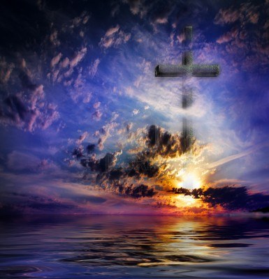 Esta gráfica de aguas y una cruz en los cielos ilustra el tema Es necesario nacer del agua y del Espíritu para entrar en el Reino de Dios.