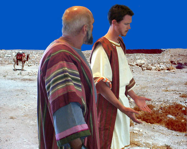 Pintura que representa al apóstol Pablo y al evangelista Timoteo andando y charlando, con un camello en el trasfondo.