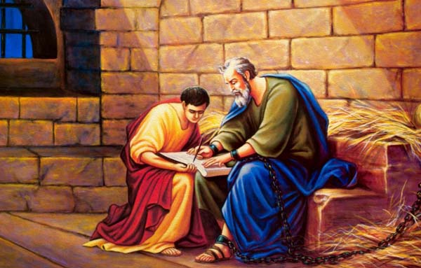 Pintura Estando en una cárcel en la gran ciudad de Roma, capital del Imperio Romano, alrededor del año 62 d. C., el apóstol Pablo escribe su primera epístola al evangelista Timoteo.