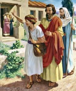 Pintura que representa al joven Timoteo en el acto de apartarse de su casa para acompañar a Pablo y Silas en su segundo viaje evangelístico.
