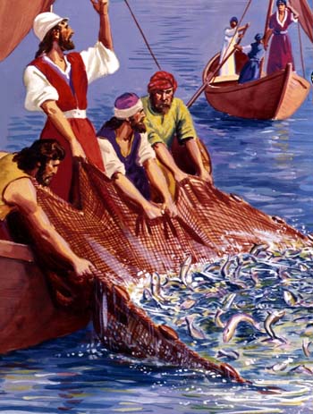 En esta pintura realista, pescadores sacan una red llena de peces del mar de Galilea, ilustración para La iglesia que Dios concibió y Jesucristo edificó, una lista de imágenes (diapositivas-slides) disponibles en editorial.
