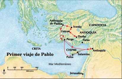 Mapa del primer viaje evangelístico de Pablo y Bernabé, para el comentario de McGarvery sobre Hechos 13, en editoriallapaz.