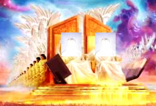 Una representación artística realista de los tronos de Dios y Padre y Jesucristo en el cielo en tonalidades de oro y anaranjado, con ángeles alrededor de ellos, contra un trasfondo de espacios celestiales.
