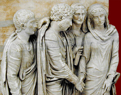 Esta escultura de una pareja joven romana que se casa ilustra Lo más importante del matrimonio por un filósofo romano del Siglo I, en editoriallapaz.
