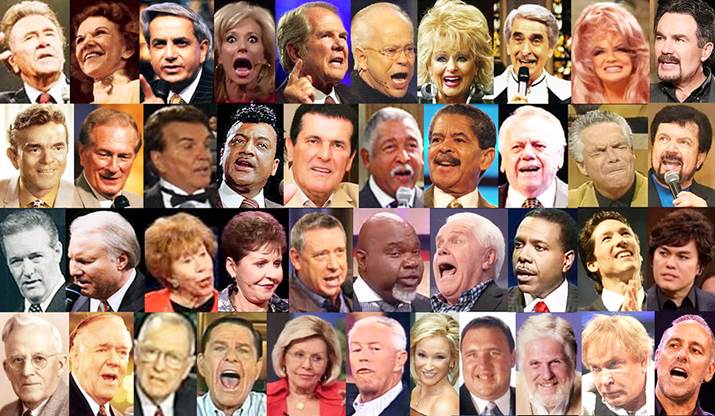 Un collage de cuarenta fotografías de las caras de cuarenta autonombrados profetas, profetisas, apóstoles, exorcistas y mercaderes religiosos de los siglos XX y XXI.