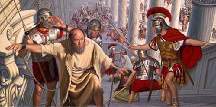 Pintura del apóstol Pablo al punto de ser flagelado por algunos soldados romanos quienes desisten cuando se identifica como ciudadano romano, evento que ensalza el valor de tener ciudadanía en un país secular.