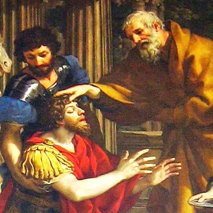 Ananías, varón piadoso en Damasco, impone manos a Saulo de Tarso, recibiendo este la vista, bautizándose enseguida.