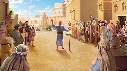 Pintura que representa al profeta israelí Jonás en el acto de anunciar las advertencias de Dios en la gran ciudad de Nínive, Asiria.