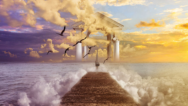 Un velero se traslada hacia columnas  entre nubes sobre aguas más allá de un muelle sobre nubes, con aves volando encima, en esta creación esotérica para la Página de Nuevos en editoriallapaz.