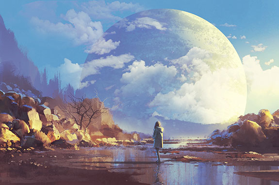 Parada sobre el planeta Tierra, una dama contempla la aparición de una enorme esfera nueva en el horizonte, ilustración para Esperando con gozo inefable la aparición de la tierra nueva con cielos nuevos.