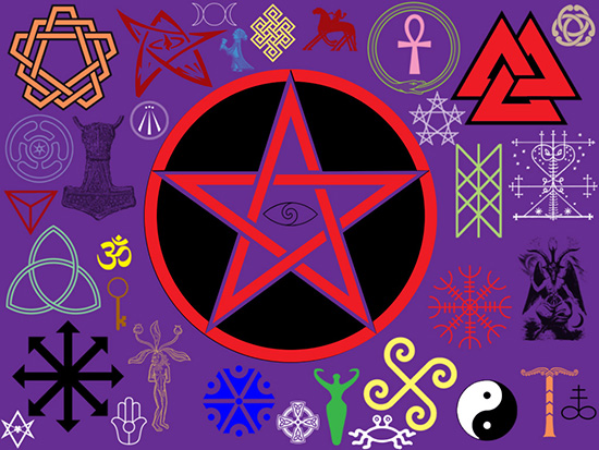 Numerosas símbolos de la relgión WICCA sobre un trasfondo violeta ilustra el estudio sobre esta religión de índole pagana.