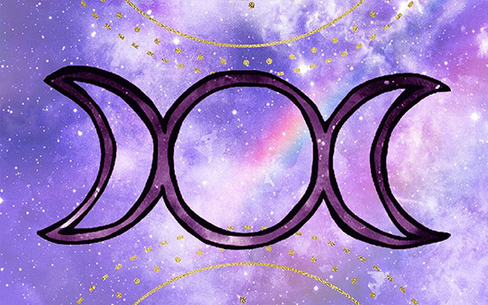 Un círculo con una luna parcial en ambos lados sobre un trasfondo del espacio con un arco iris ilustra la respuesta de Homero a Sam en torno a la religión WICCA.