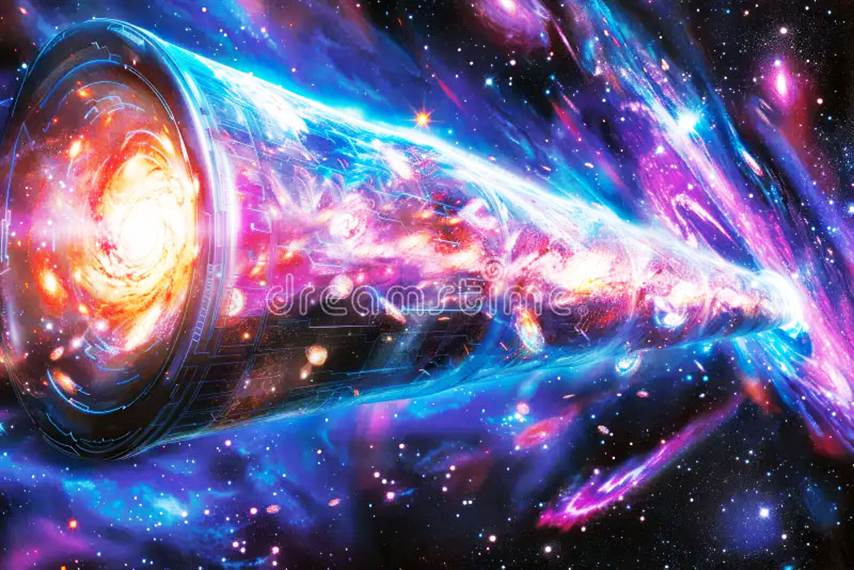 Una creación digital a todo color de un gran pergamino celestial enrollado, con el espacio de fondo y en su cara interior se forman imágenes arremolinadas que ilustran la destrucción y desaparición del planeta Tierra.
