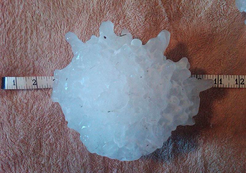 Una fotografía del mayor granizo registrado en los Estados Unidos, que mide 7,9 pulgadas (unos 20 cm).