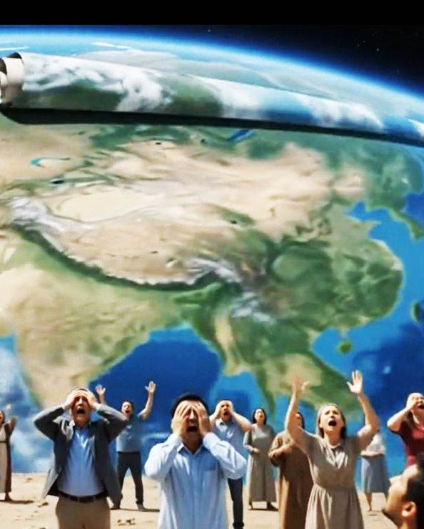 Una imagen de personas aterrorizadas mirando hacia el cielo, que ha comenzado a enrollarse como un pergamino, con partes de Oriente Próximo y Asia como telón de fondo.