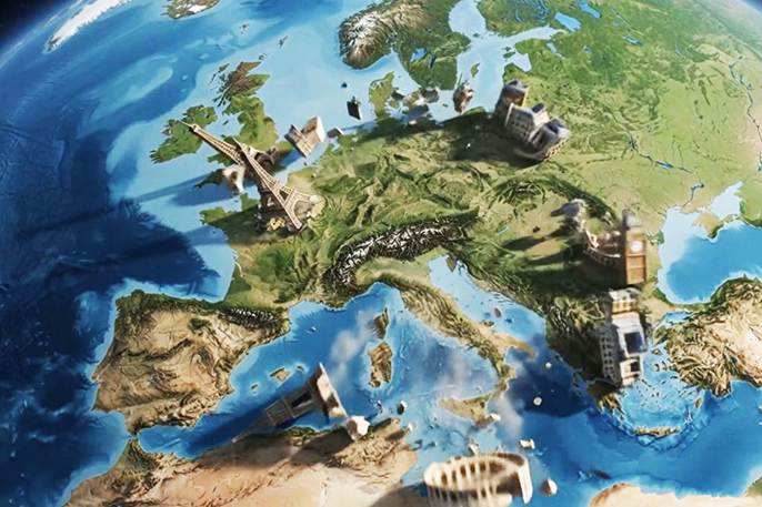 Las masas terrestres de Europa, incluidas las islas, parecen desplazarse de su lugar, provocando que estructuras emblemáticas —como el Coliseo de Roma, la Torre Eiffel de París y el Big Ben de Londres— se derrumben y salgan despedidas.