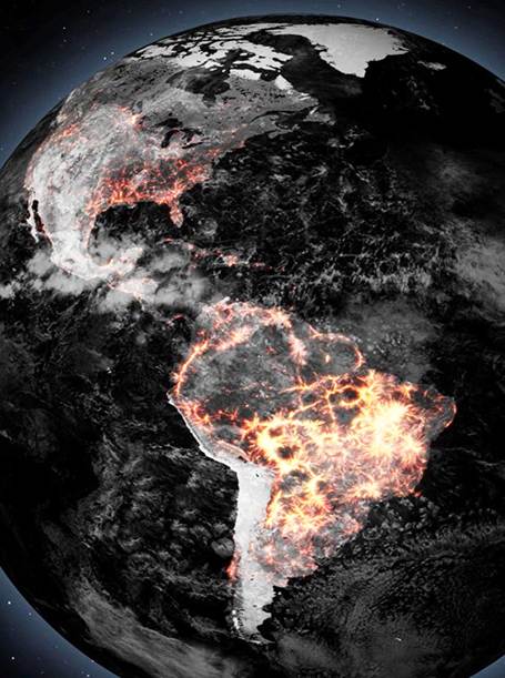 Una imagen del hemisferio occidental donde fuegos y humo de colores rojo, naranja y gris a lo largo de las líneas de falla indican una actividad sísmica y volcánica intensa y rápida.