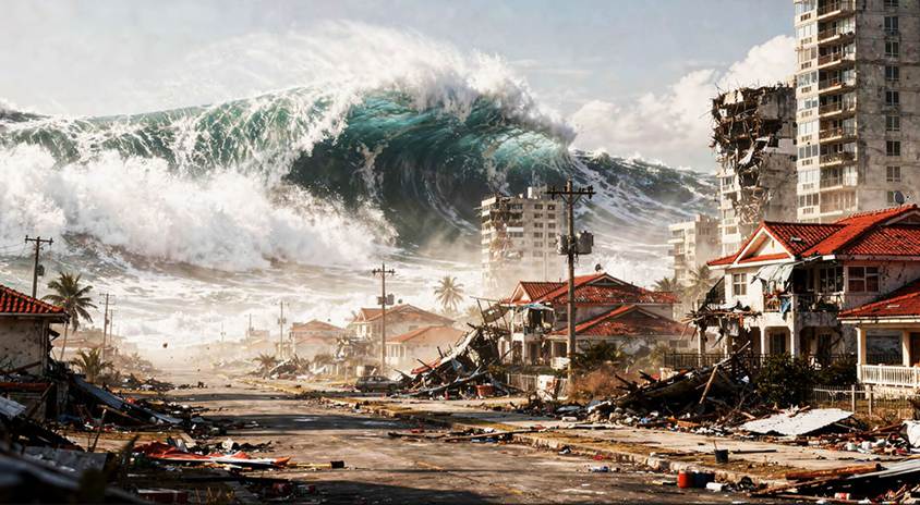 Una imagen muestra un tsunami gigantesco golpeando una ciudad costera, derribando rascacielos y arrastrando a su paso edificios más pequeños, tiendas, casas, vehículos y personas.