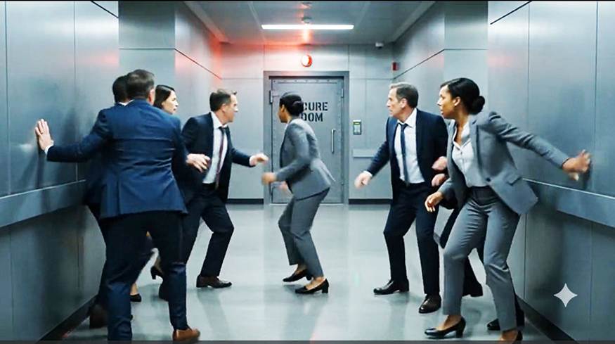 Una imagen de doce líderes gubernamentales y empresariales de alto rango —hombres y mujeres de diversas etnias, con los rostros desencajados por el miedo— que corren desesperadamente hacia una puerta señalada como Sala Segura.
